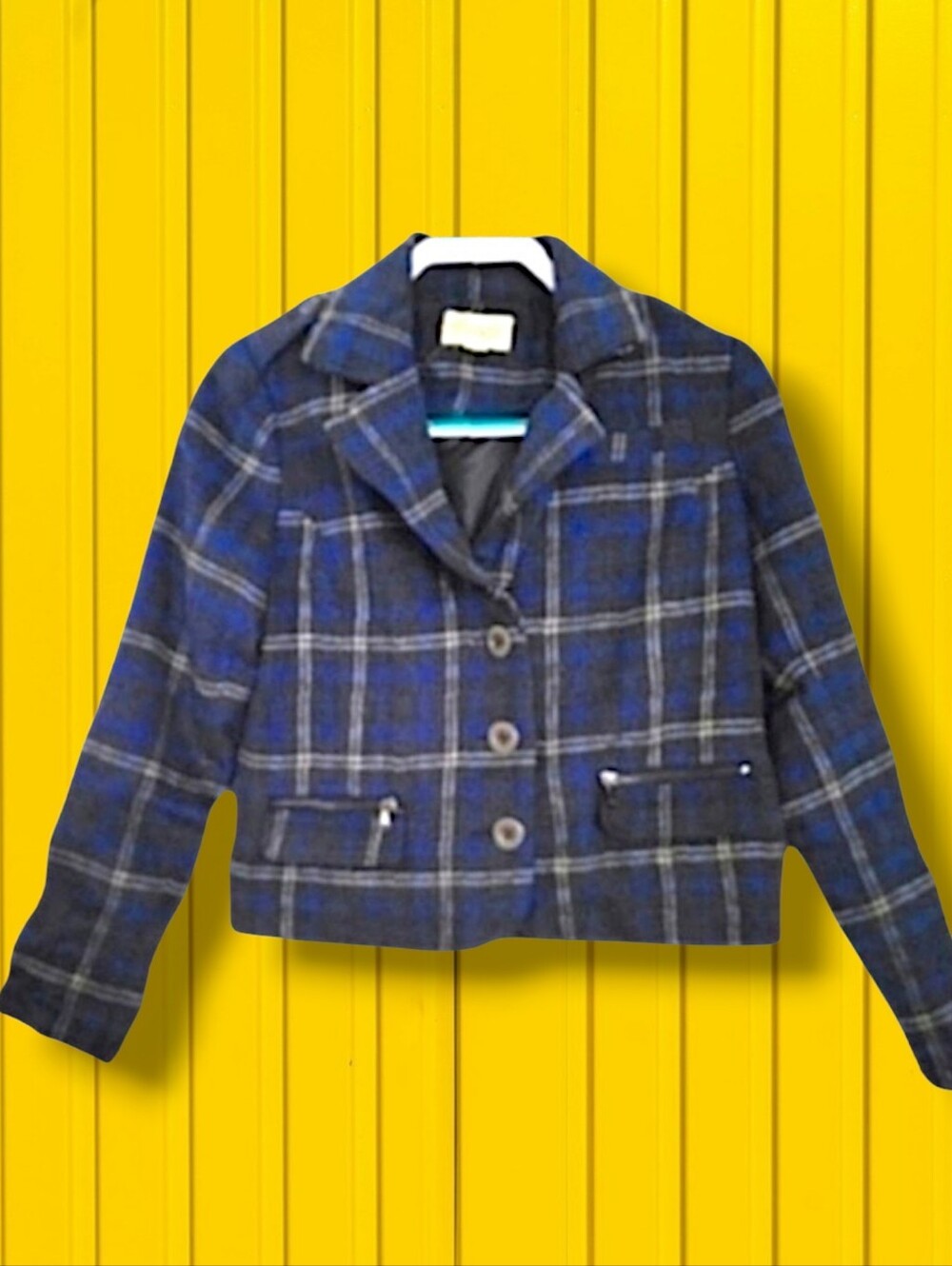Boutique XXI | NWOT Vintage Blue/Black Plaid Boxy Wool Blend Jacket (SIZE M)